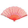 A delicate pink lace folding hand fan with intricate patterns for weddings and dance.
