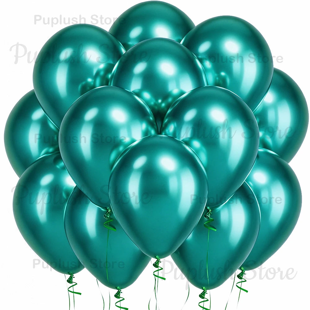 A bunch of teal latex balloons tied with green ribbons for parties and events.