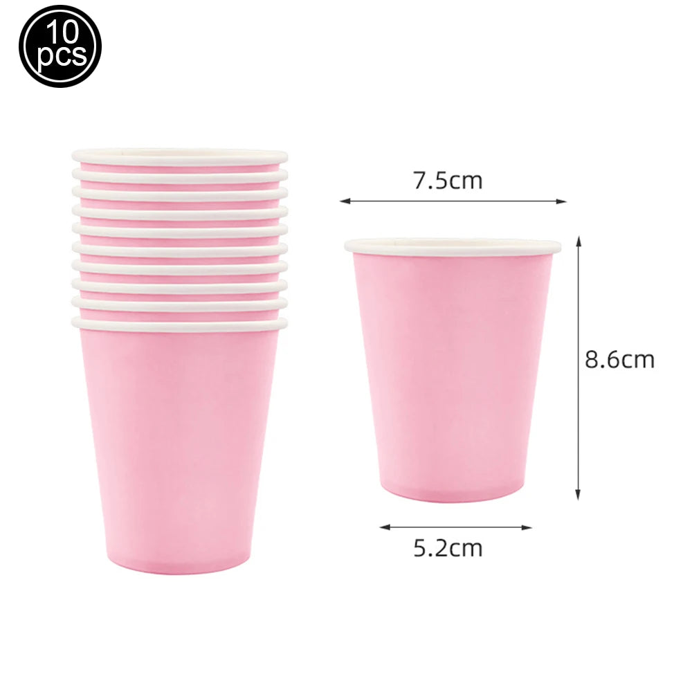 Ten pink disposable paper cups with white lids and straws, shown in a vertical arrangement.