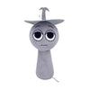 A gray collectible plush toy with a small, curved protrusion on top.