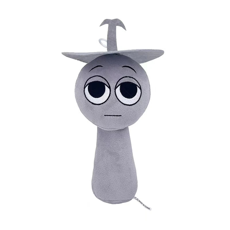 A gray collectible plush toy with a small, curved protrusion on top.