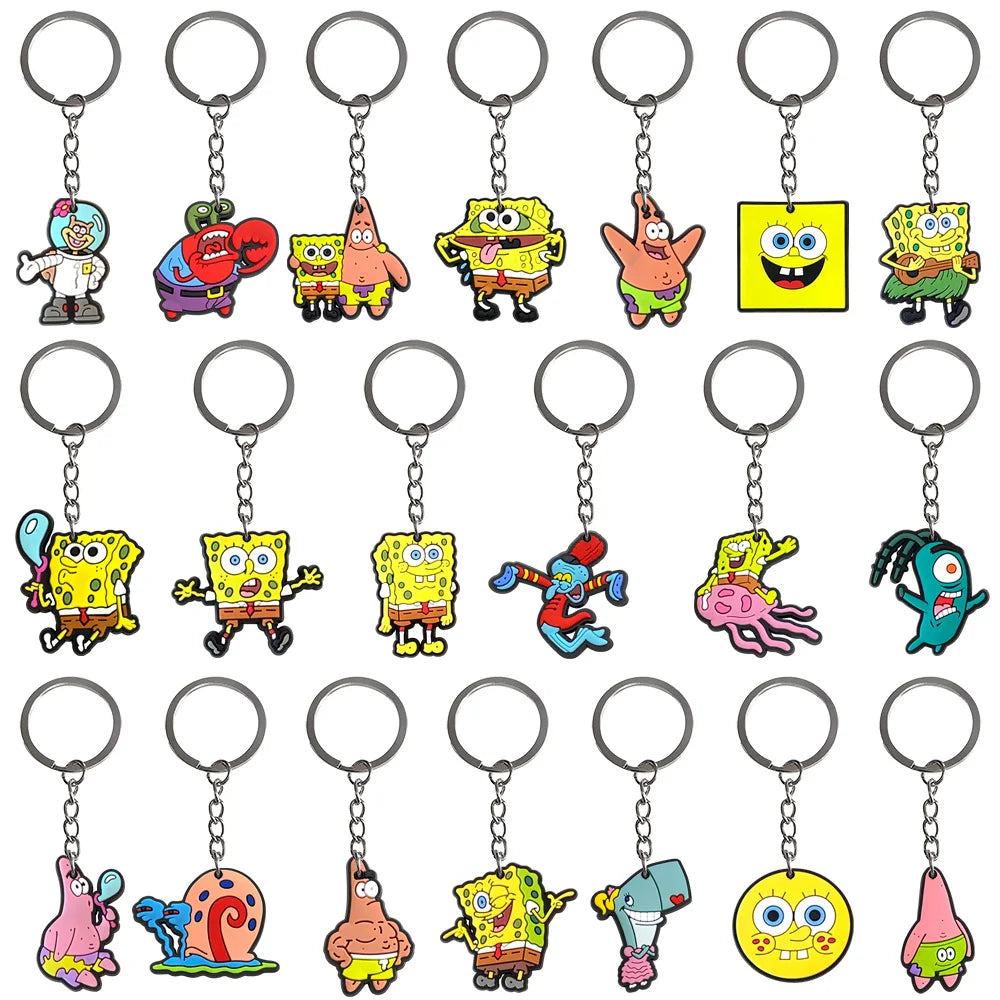 A collection of SpongeBob SquarePants cartoon character keychains featuring various characters like SpongeBob, Patrick, and S