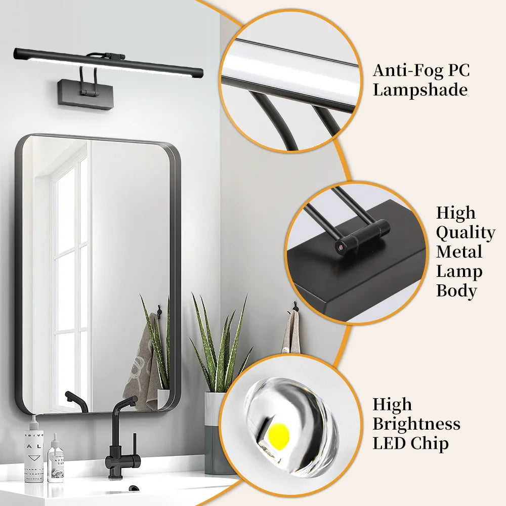 A modern anti-fog PC lampshade and high quality metal lamp body for a bathroom vanity light.