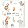 A spiral-bound journal organizer featuring illustrations of baby animals and clouds for pregnancy to five years old memories.