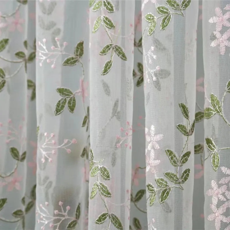 Light gray lace door curtain featuring pink and green floral embroidery.