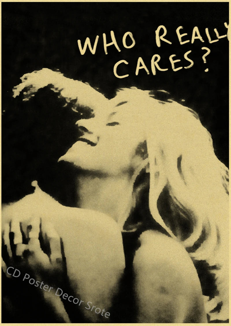 A black and white poster featuring a woman's face with long flowing hair and the text WHO REALLY CARES?