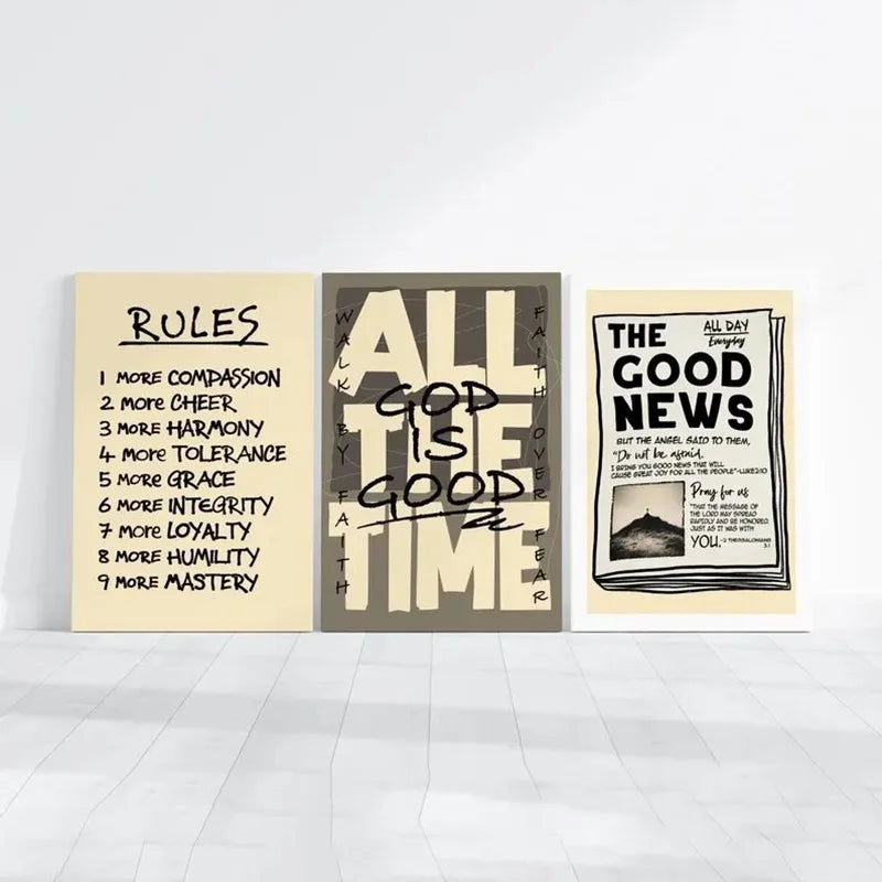 A set of three framed modern scripture art prints featuring rules, God is good time, and the good news.