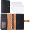 A6 PU leather budget planner binder with cash envelopes and expense sheets shown in black and tan.