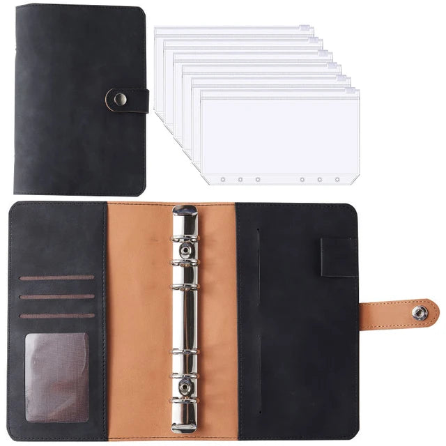 A6 PU leather budget planner binder with cash envelopes and expense sheets shown in black and tan.