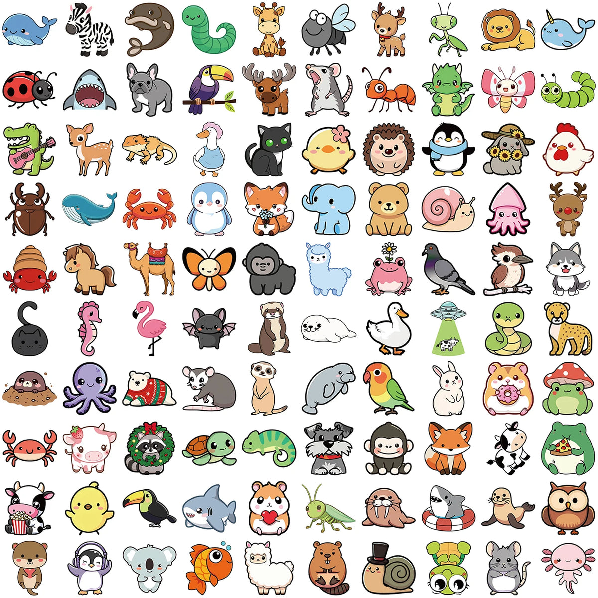 A collection of 50 assorted animal stickers featuring various creatures like cats, dogs, birds, and mammals.