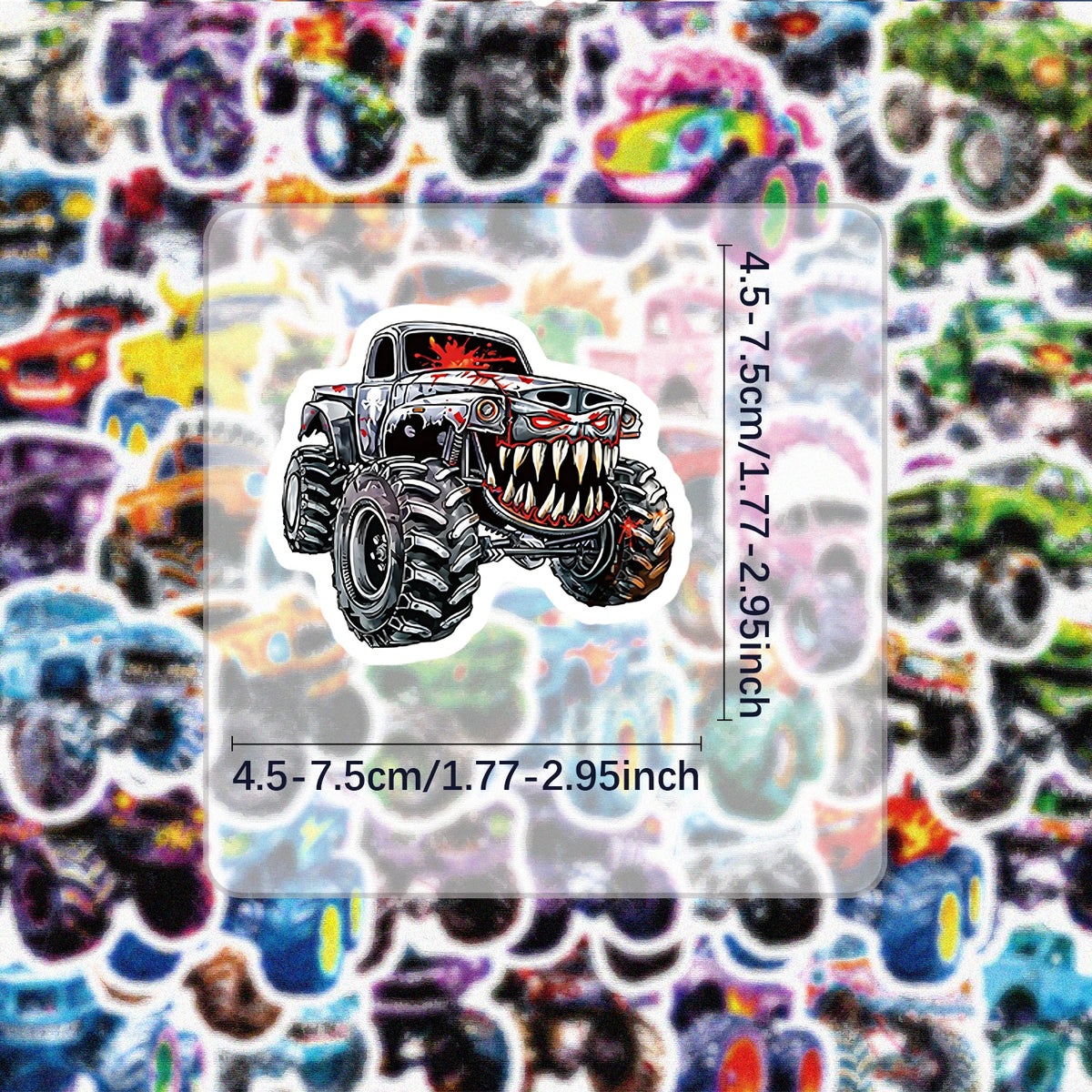A sticker featuring a detailed, aggressive monster truck design with large teeth and tires.