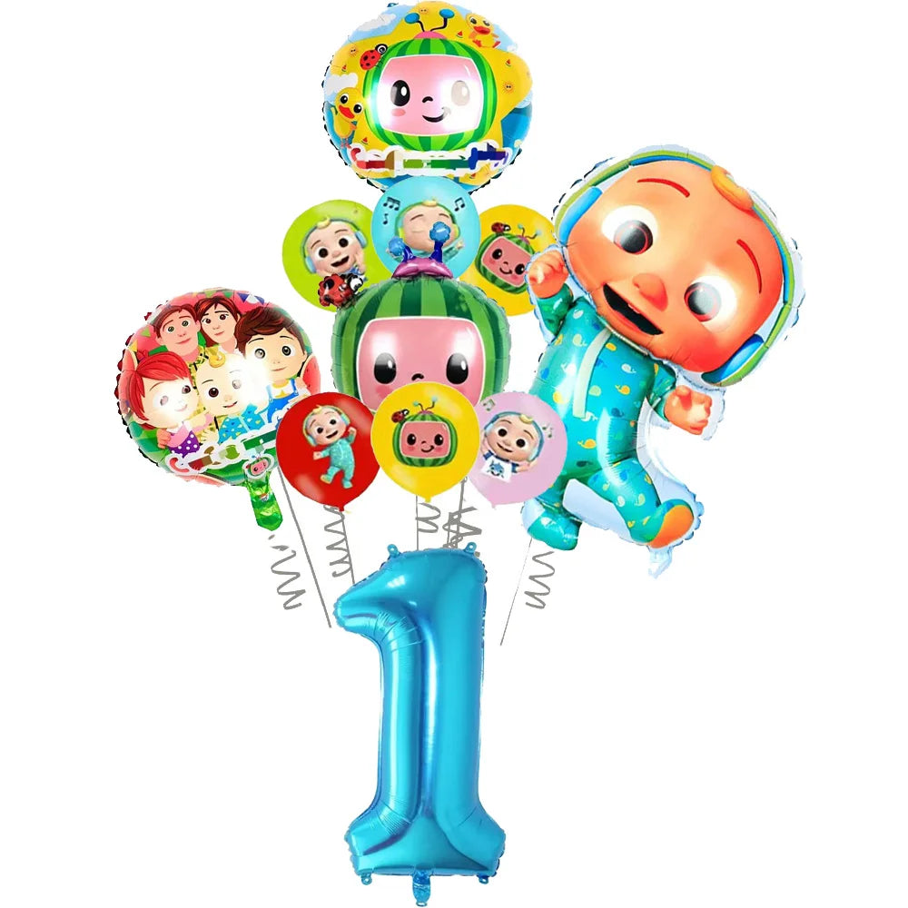 A set of cartoon Cocomelon watermelon foil balloons featuring characters and a large number one balloon.