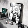 Anime wall art featuring a character in a suit and a chainsaw, displayed in a black frame.
