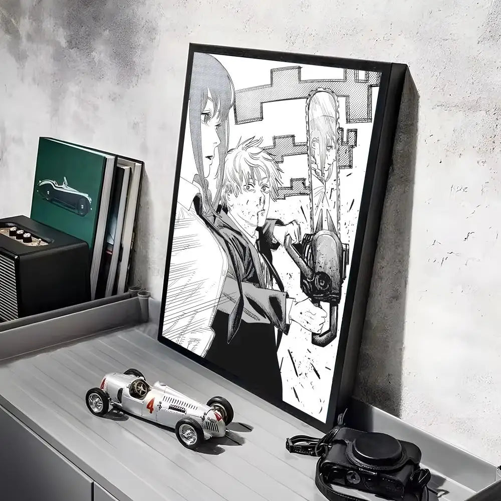 Anime wall art featuring a character in a suit and a chainsaw, displayed in a black frame.