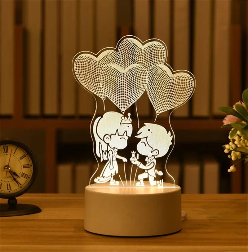 A white acrylic night light featuring three heart-shaped cutouts of cartoon characters with glowing LED lights.