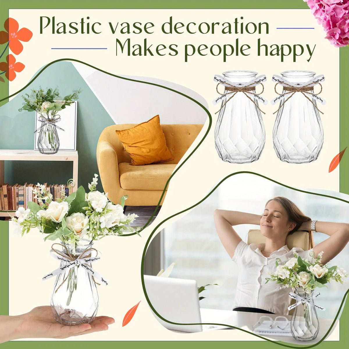 Clear plastic vase decoration with a natural twine bow used for table decor.