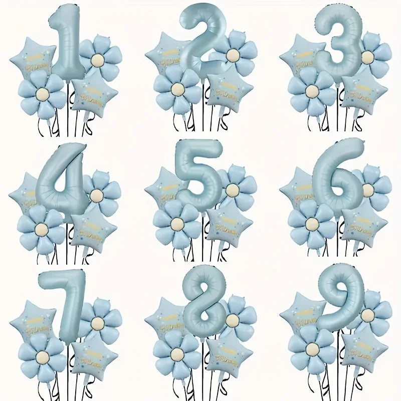 A set of light blue foil balloons shaped like numbers 1 through 9, featuring floral accents.