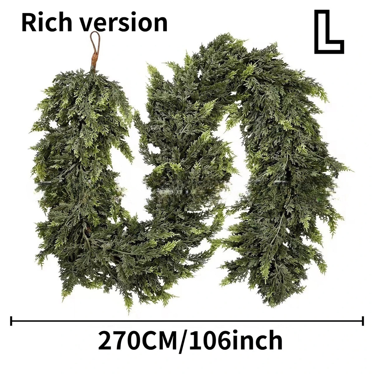 A lush green cedar garland with flexible branches shown in a vertical orientation.