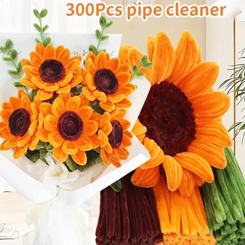 A bouquet of 300 pieces of orange and yellow pipe cleaners shaped like sunflowers for DIY crafts.