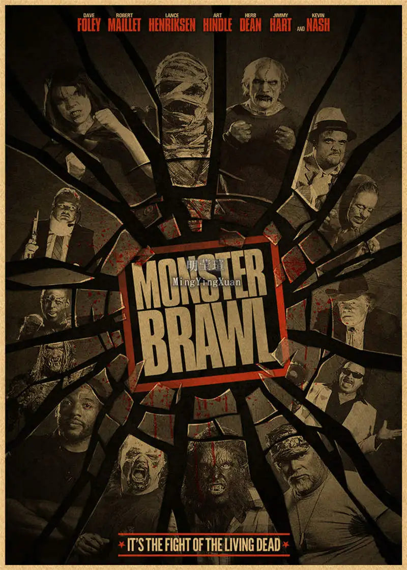 A dark, gritty movie poster featuring multiple characters surrounding a central title for Monster Brawl