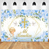 A floral and gold watercolor backdrop featuring blue roses, greenery, and a golden cross for a baptism or communion celebrati