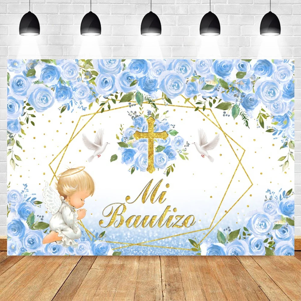 A floral and gold watercolor backdrop featuring blue roses, greenery, and a golden cross for a baptism or communion celebrati