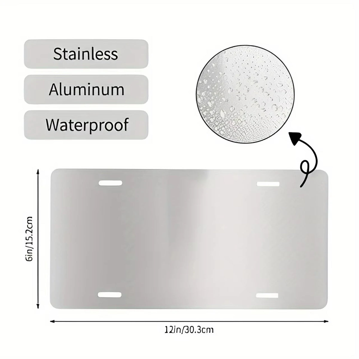 A rectangular metal wall plaque with a polished finish, available in stainless steel or aluminum, and waterproof.