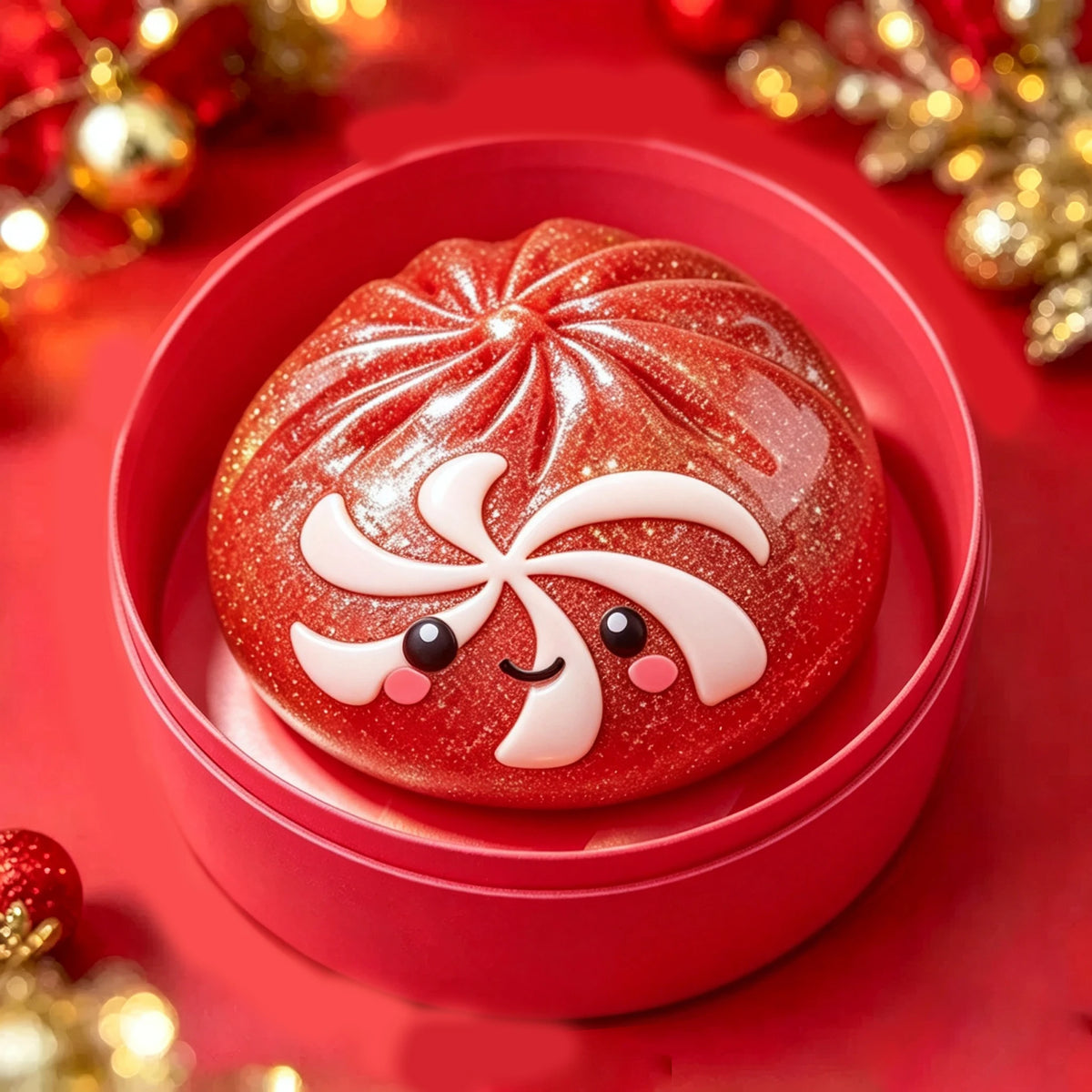 A red squishy stress reliever shaped like a smiling snowman with white details, resting in a pink container on a red backgrou