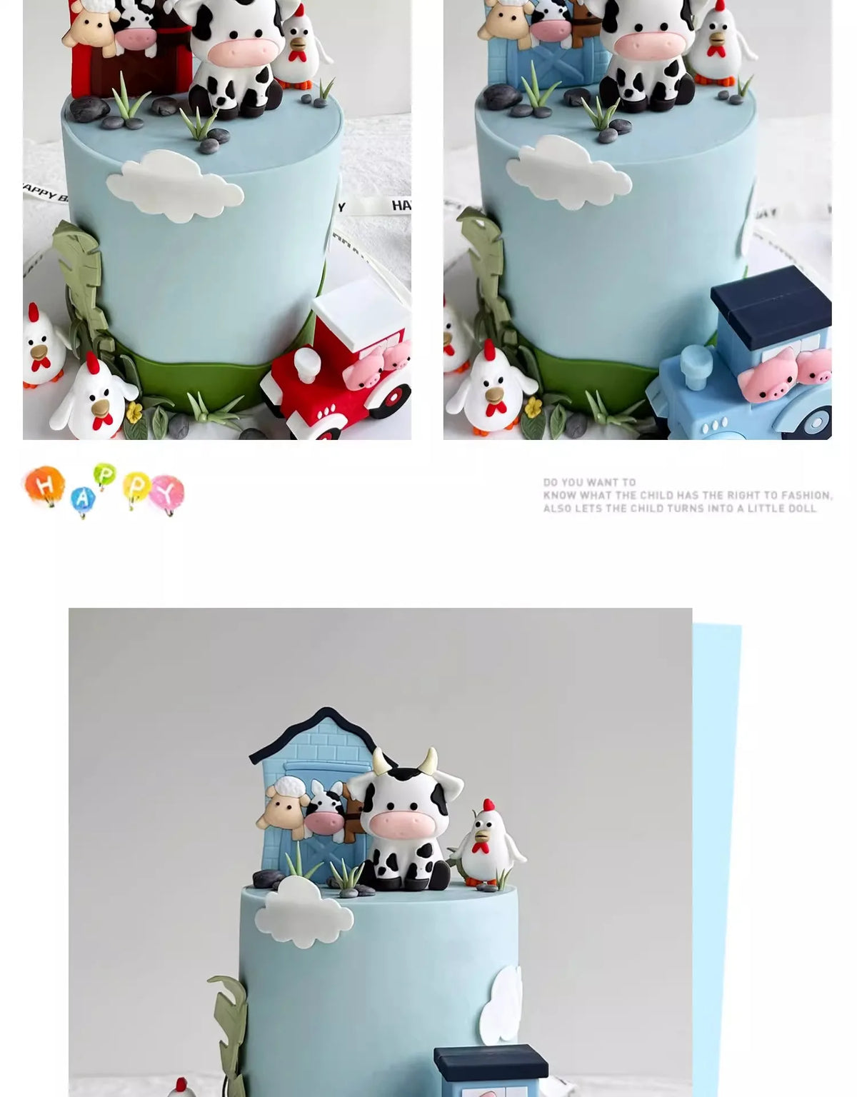 A tiered cake display featuring farm animal toppers including a black and white bear, a pink pig, and a white bird on light b