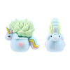 A light blue silicone plant bead shaped like a unicorn with green leaves and a yellow horn.