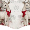 White deer figures with red bows against a snowy Christmas tree background.