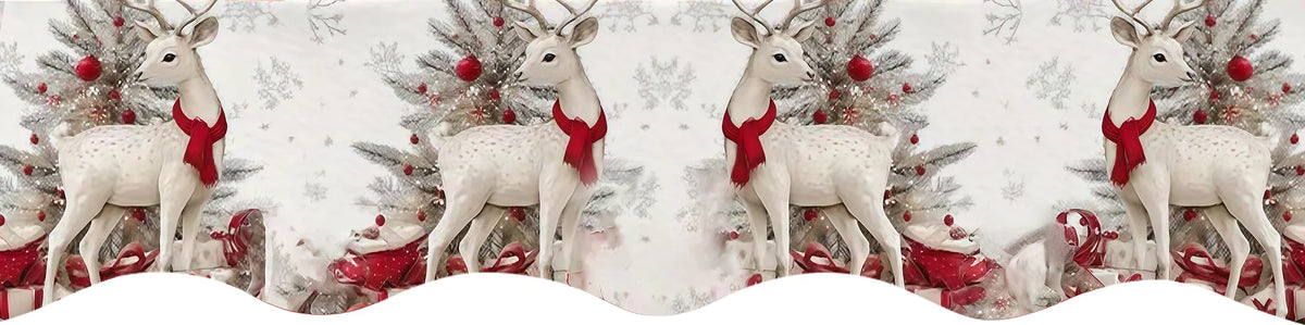 White deer figures with red bows against a snowy Christmas tree background.