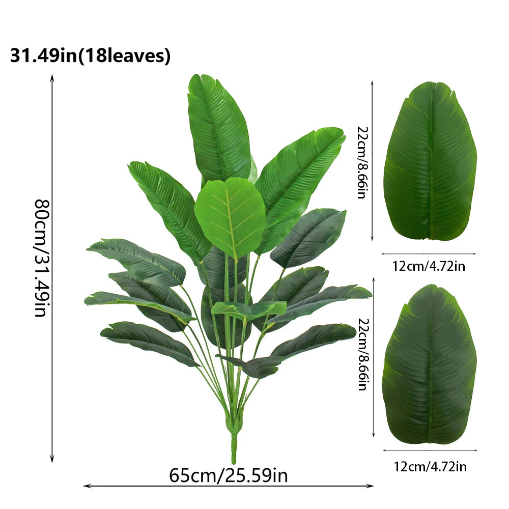 Artificial Bird of Paradise plant with large green leaves shown in various sizes and dimensions.