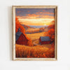 Oil painting of an autumn field landscape featuring red barns and a sunset sky over rolling hills.