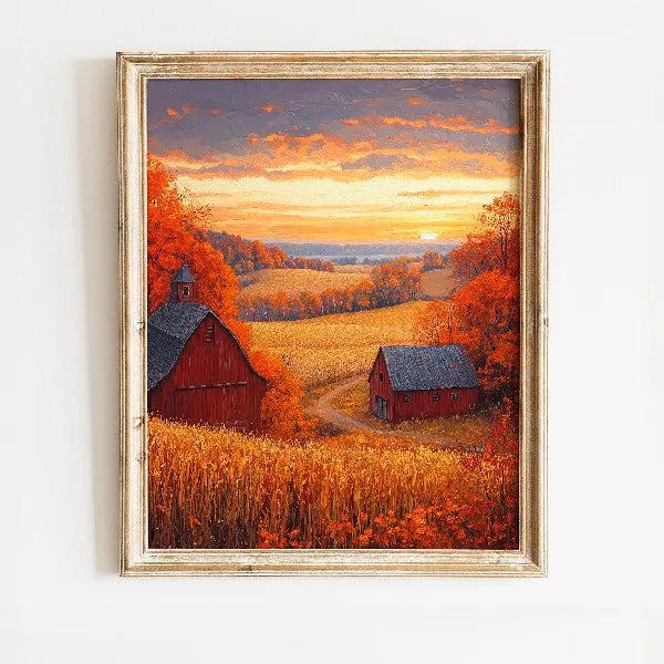 Oil painting of an autumn field landscape featuring red barns and a sunset sky over rolling hills.
