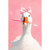 A white duck with a pink bow and an orange beak is featured in a painting.