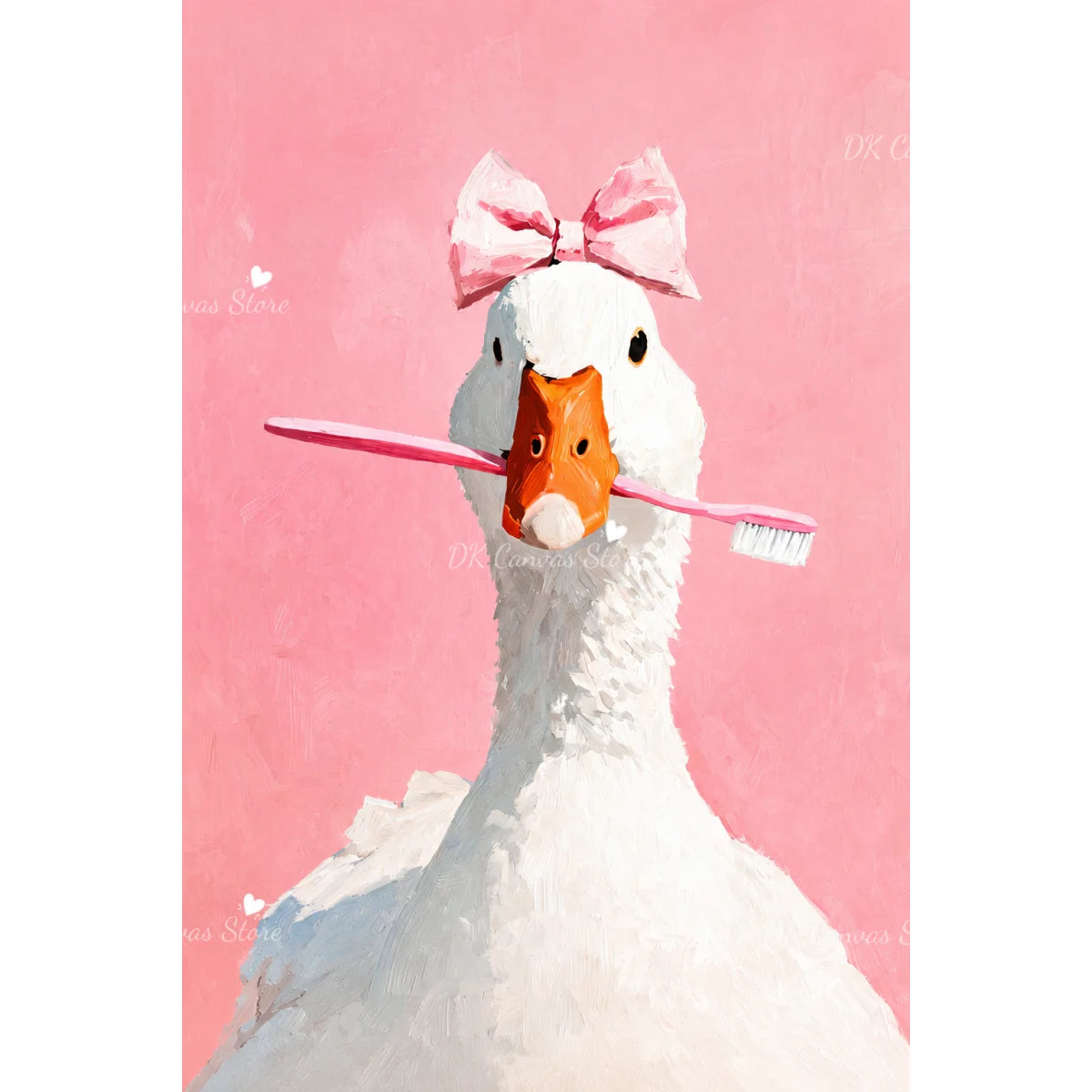 A white duck with a pink bow and an orange beak is featured in a painting.