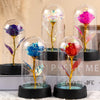 A collection of eternal roses in glass domes with LED lights displayed on a white surface.