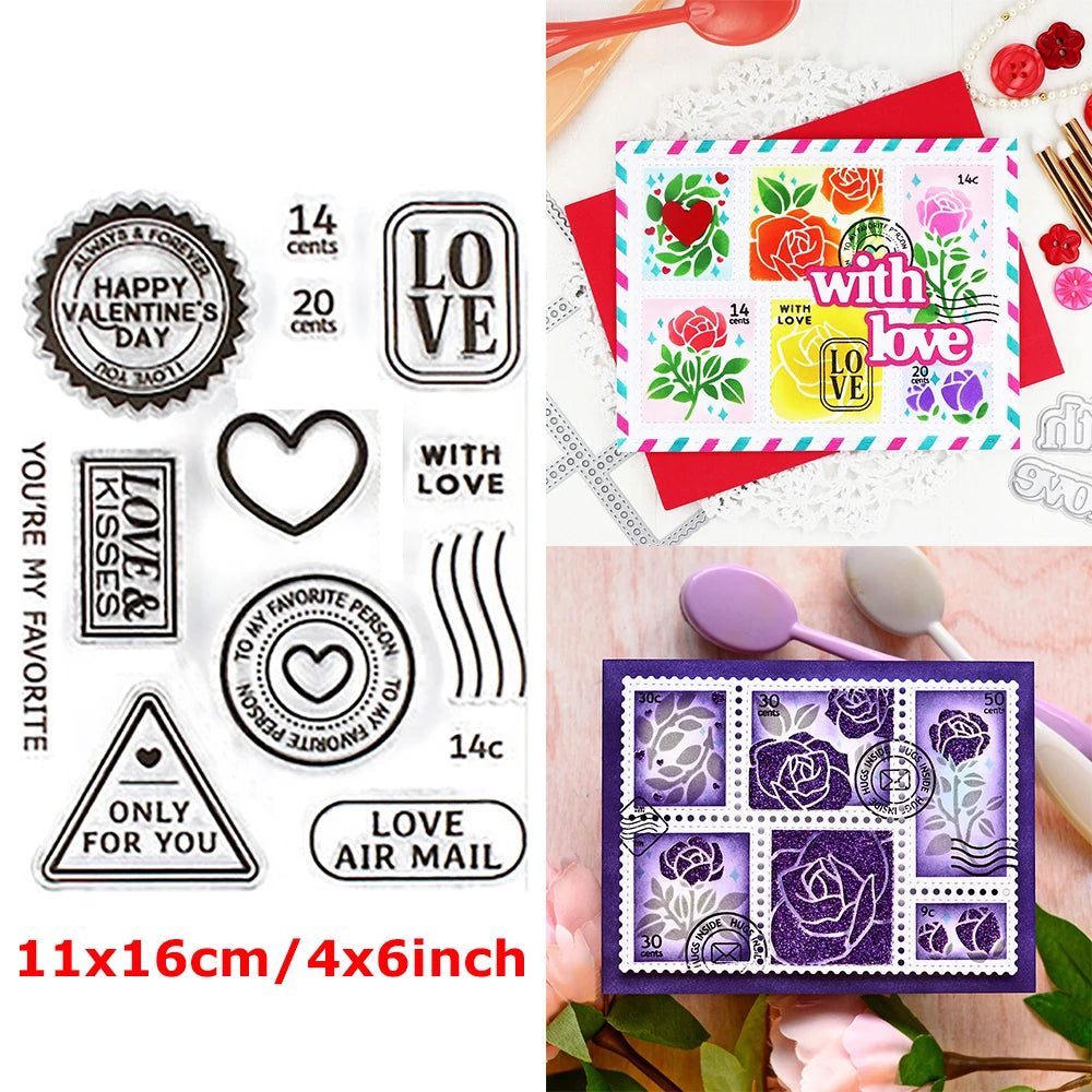 A set of floral love words stencils and stamps for DIY scrapbooking featuring various designs like Love, Happy Valentine's Da