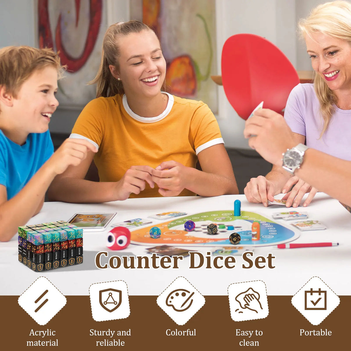 A family is playing with a Counter Dice Set on a table, demonstrating the acrylic dice set for math games.