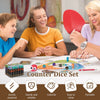 A family is playing with a Counter Dice Set on a table, demonstrating the acrylic dice set for math games.