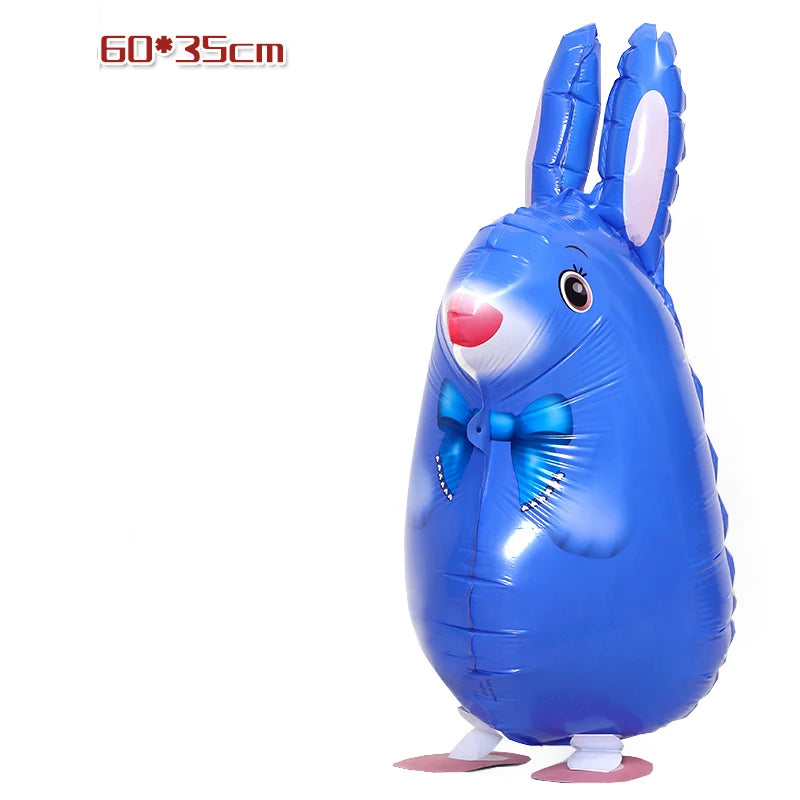 Blue foil balloon shaped like a rabbit with pink ears and a blue bow for birthday party decor