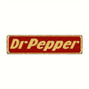 Vintage tiki bar metal sign with the text Dr Pepper in gold lettering on a red background