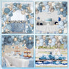 A collection of balloon arches and decor featuring dusty blue, sand white, and gold balloons with confetti accents for events