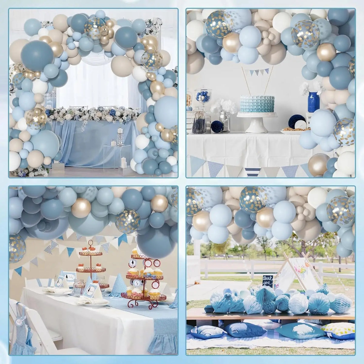 A collection of balloon arches and decor featuring dusty blue, sand white, and gold balloons with confetti accents for events