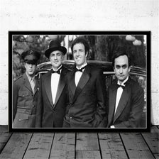 Black and white photo of three men dressed in suits posing for a movie poster