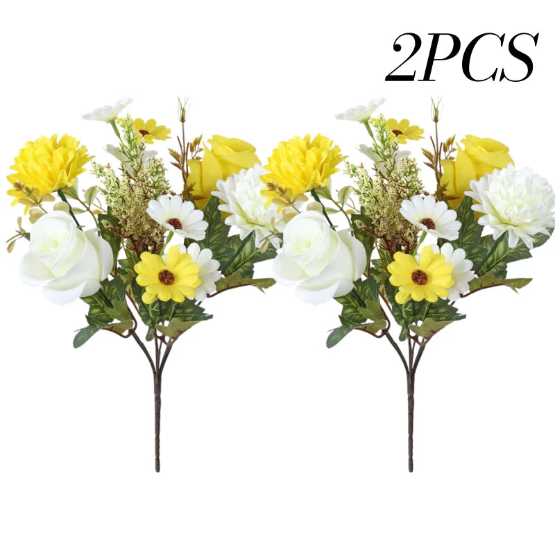 Two artificial silk bouquets featuring yellow and white roses and daisies.