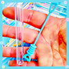 A hand holds a clear mini bubble bottle with a blue straw and an orange-colored liquid against a bright background.