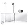 A portable trifold vanity mirror with an adjustable hook and a separate circular mirror.