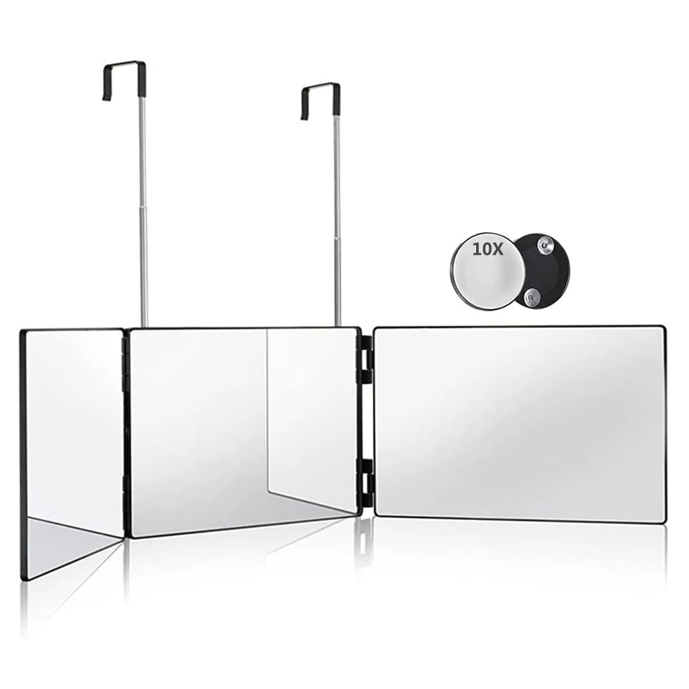 A portable trifold vanity mirror with an adjustable hook and a separate circular mirror.